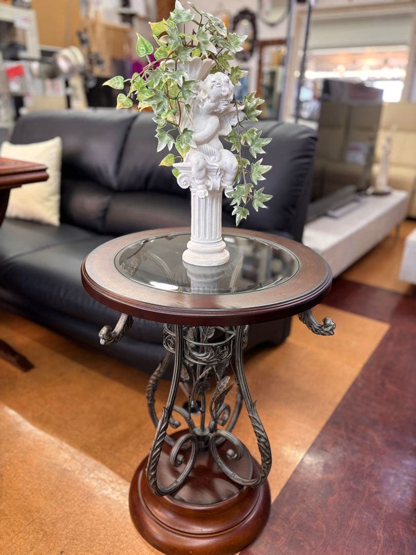 アイアン&木製テーブル リーフモチーフ 天板ガラステーブルアンティーク風レトロ