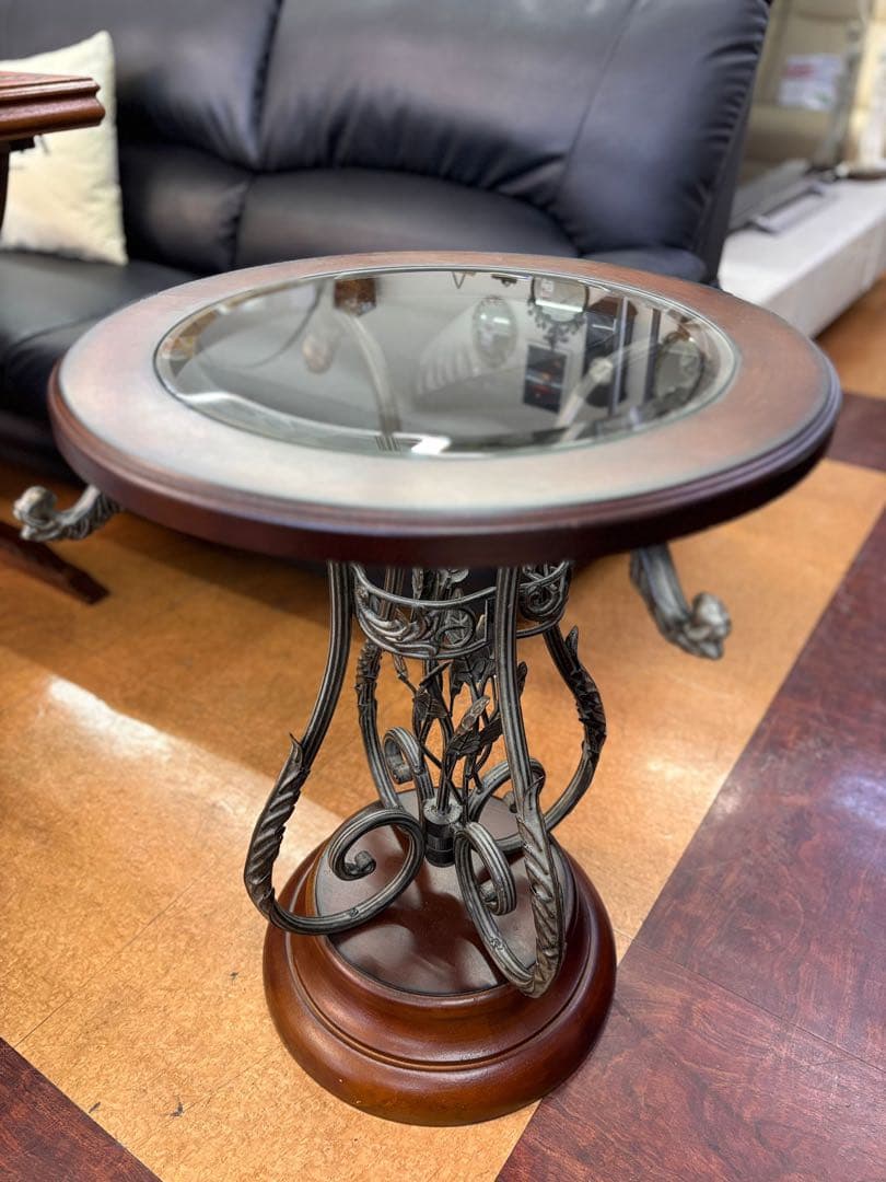 アイアン&木製テーブル リーフモチーフ 天板ガラステーブルアンティーク風レトロ