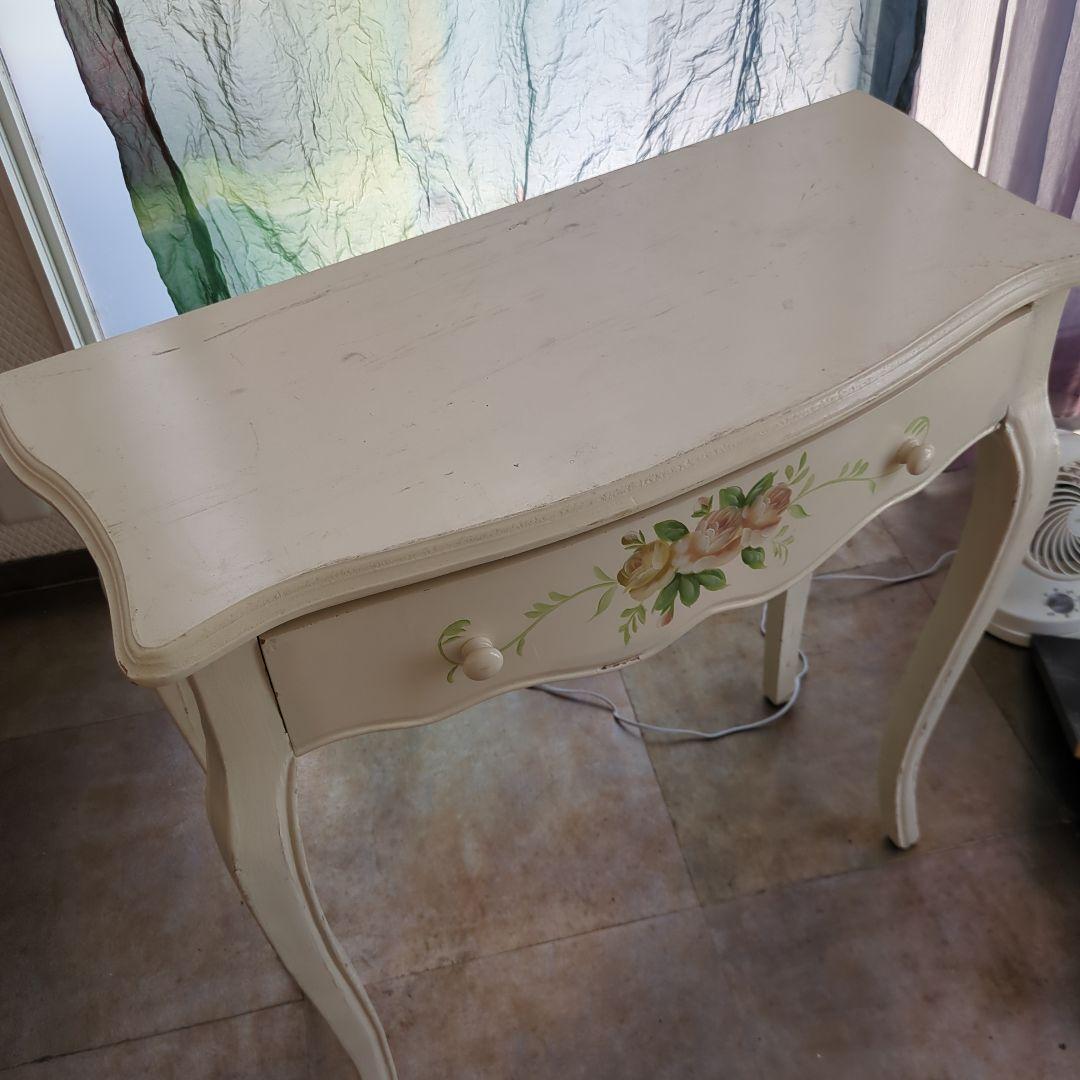ホワイト バラ サイドテーブル ロココ調 猫脚 引き出し 木製 薔薇
