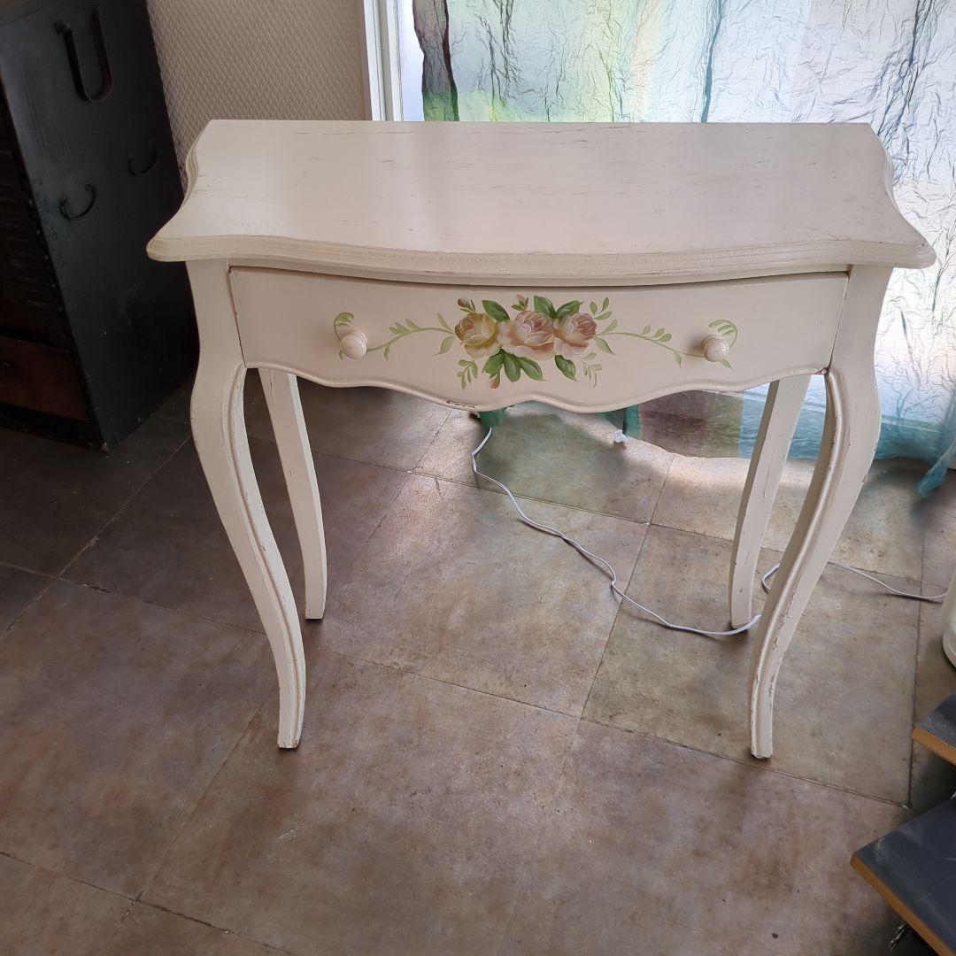 ホワイト バラ サイドテーブル ロココ調 猫脚 引き出し 木製 薔薇