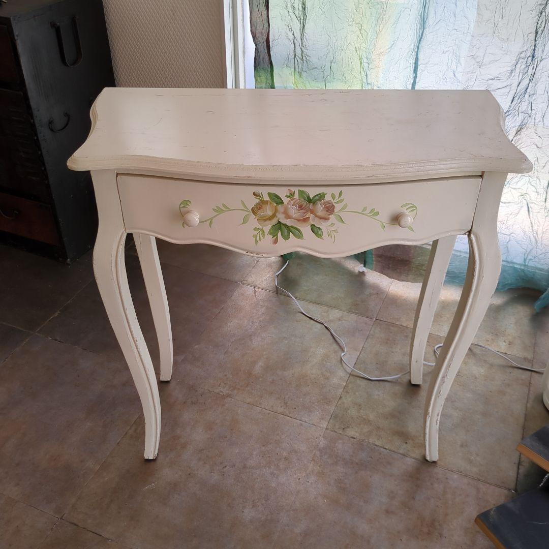 ホワイト バラ サイドテーブル ロココ調 猫脚 引き出し 木製 薔薇