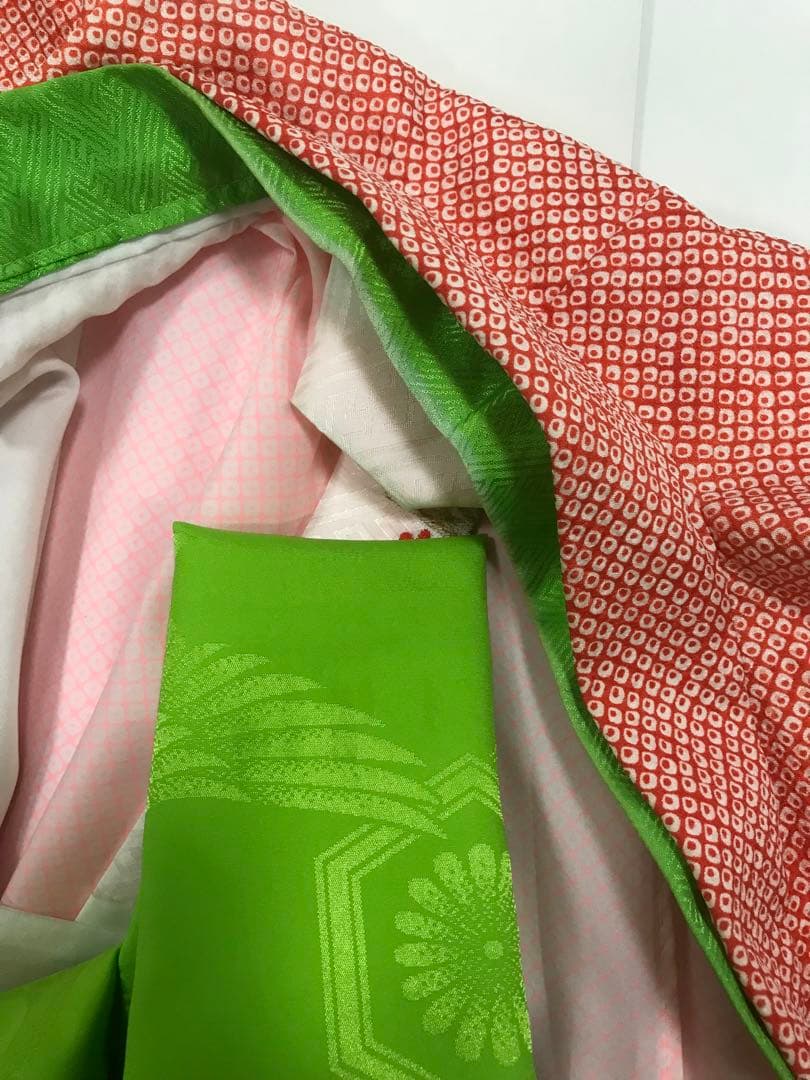 七五三　7歳女の子　着物セット　赤絞り　鼓　鴛鴦　熨斗目　鈴