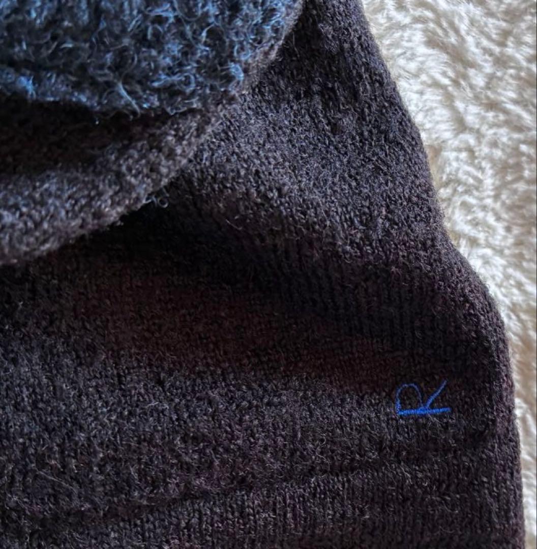 45R カシミヤ&ウールスタンドカラー カーディガン 藍ブルー エルボーパッチ