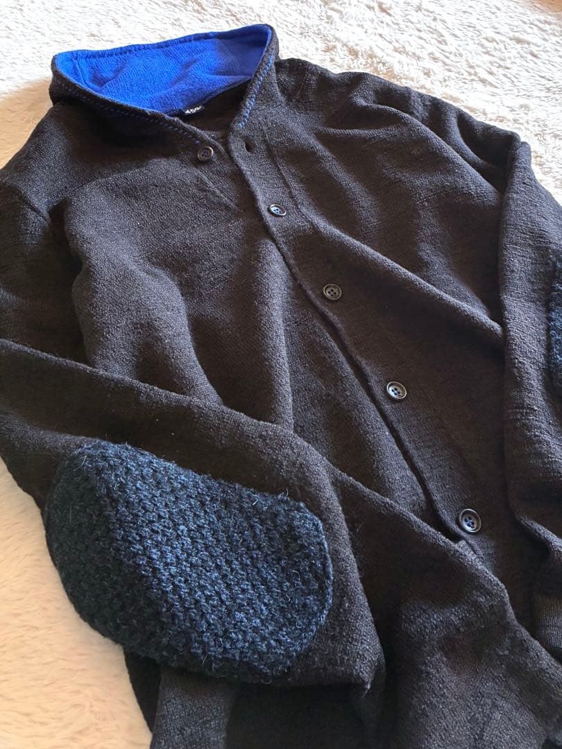 45R カシミヤ&ウールスタンドカラー カーディガン 藍ブルー エルボーパッチ