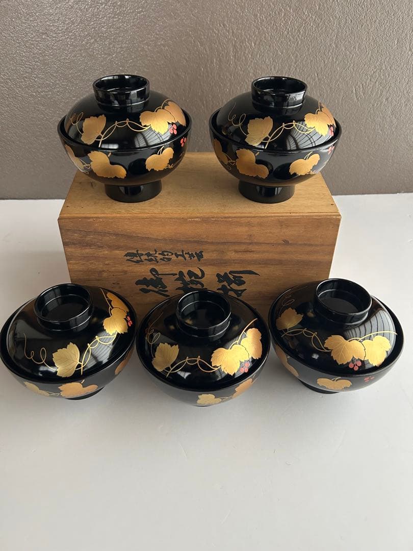 蓋付き吸い物椀 会津塗 伝統工芸 正月椀 蒔絵 金彩 漆器椀 5 客セット