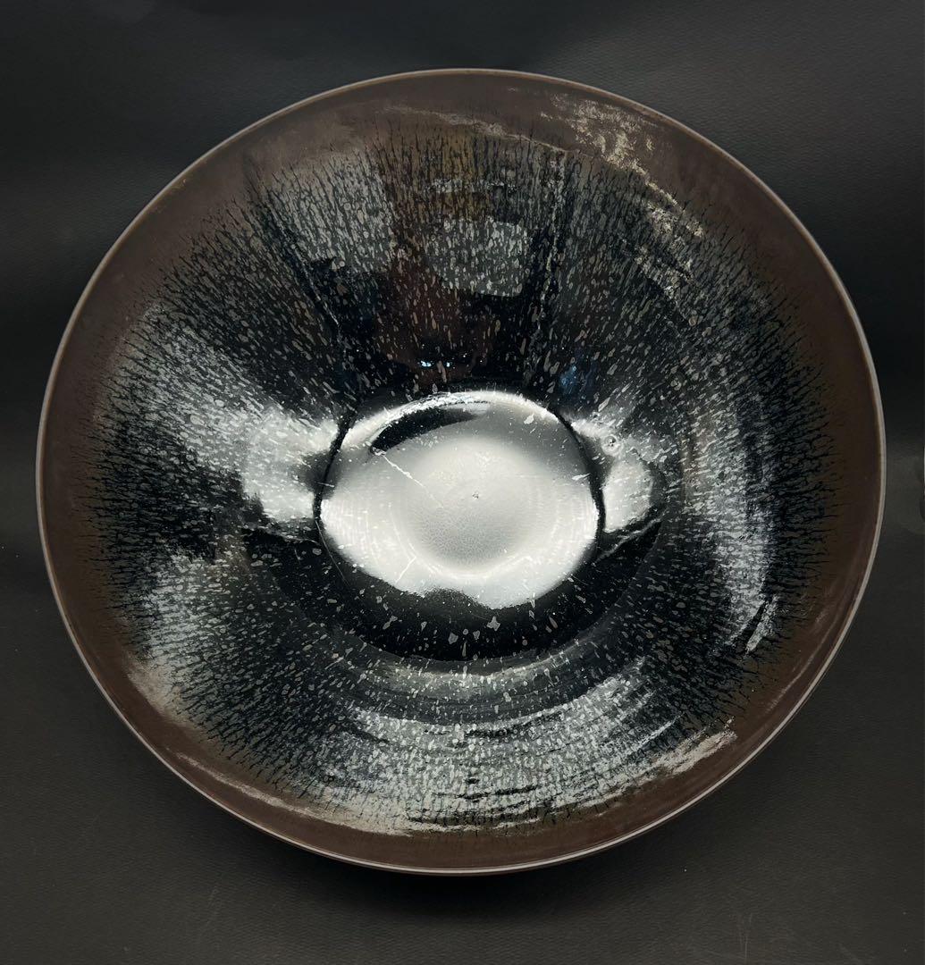 超大 天目釉鉢 茶碗 茶道具 梅染一美作 木箱付き 直徑41.5cm高さ15cm