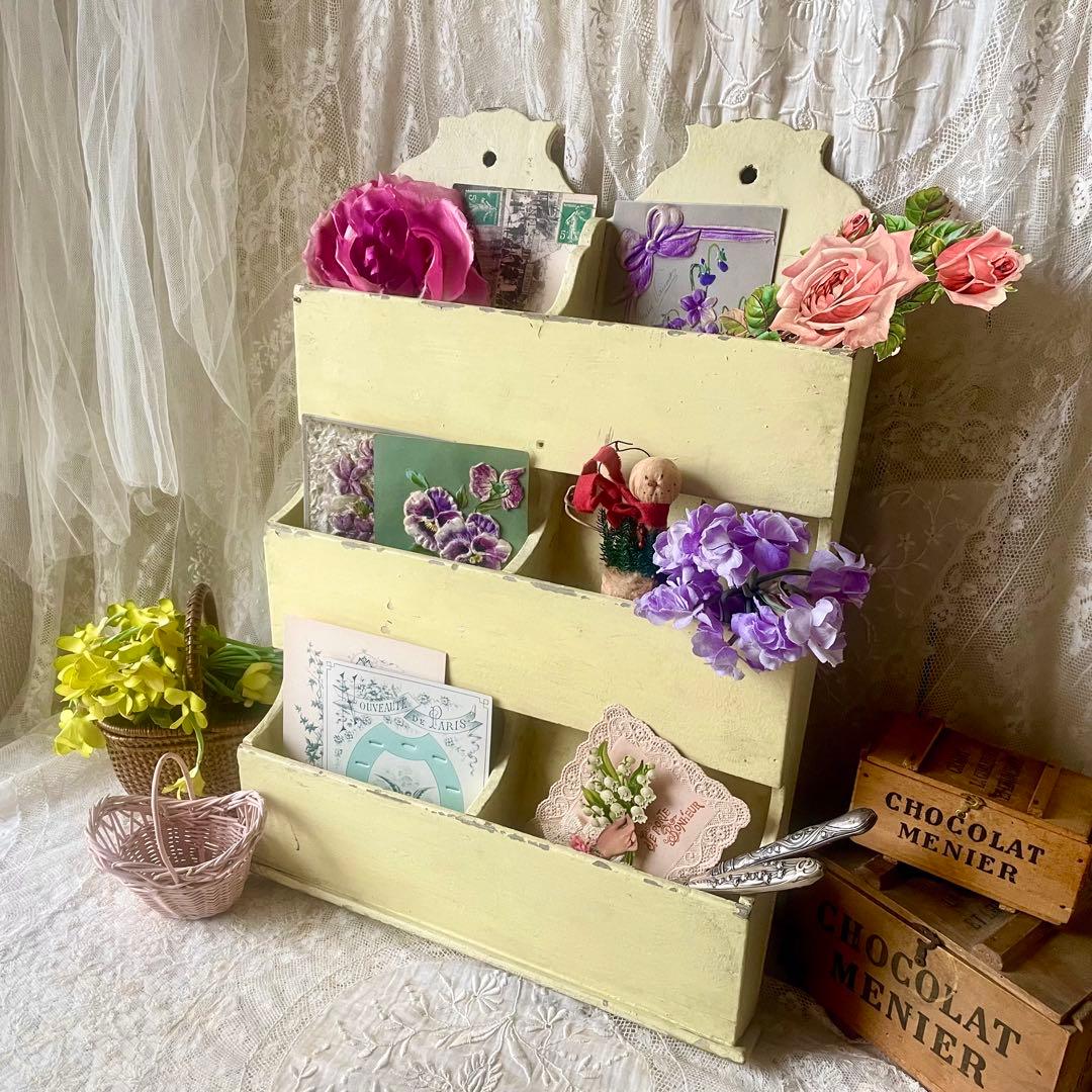 木製レターラック　ポストカードホルダー　オリジナルペイント　フランスアンティーク
