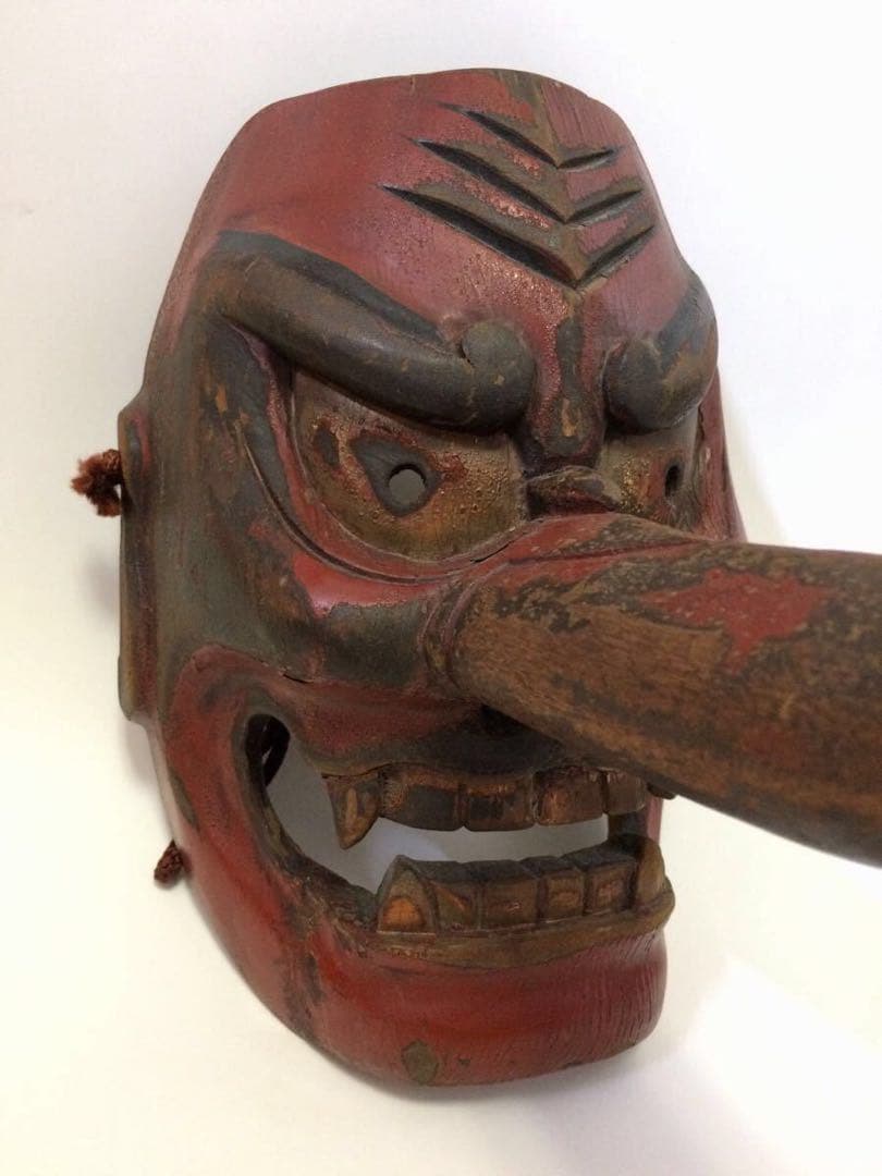 【江戸時代 天狗面】 木彫 猿田彦大神　魔除け　舞踏　神楽