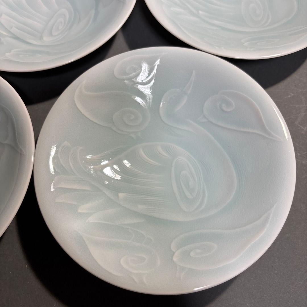 人間国宝　塚本快示　快山窯　青白磁　水鳥文　鉢　共箱