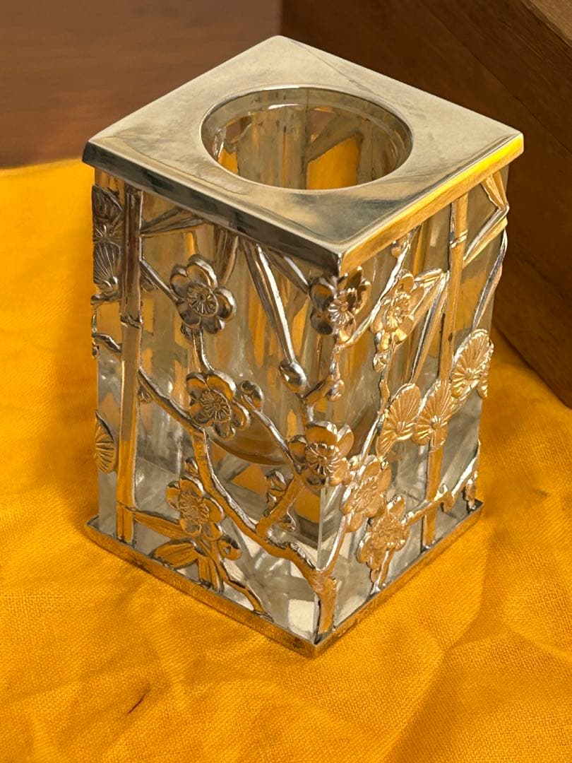時代 昭和レトロ 銀製 極上細工硝子 松竹梅楊枝入れ 箱付き在銘175g