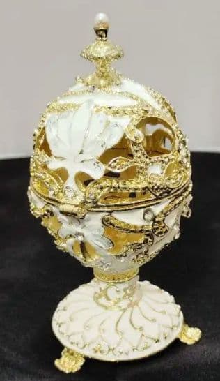 【美品】インペリアル・エッグ風 ジュエリーボックス ホワイト エナメル置物