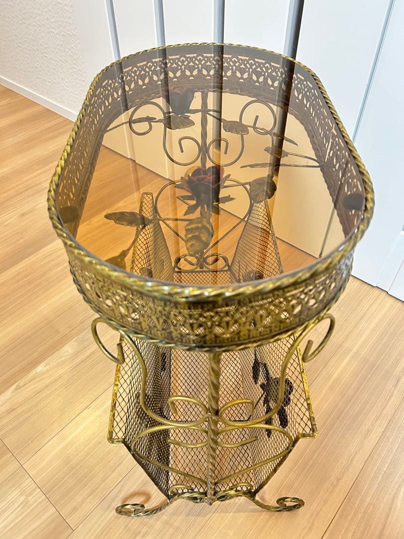 【値引き中】ガラス天板サイドテーブル アンティーク調マガジンラック 送料無料