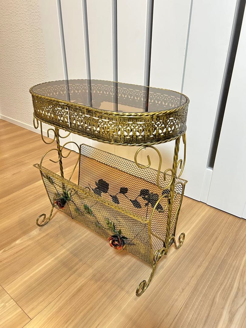 【値引き中】ガラス天板サイドテーブル アンティーク調マガジンラック 送料無料