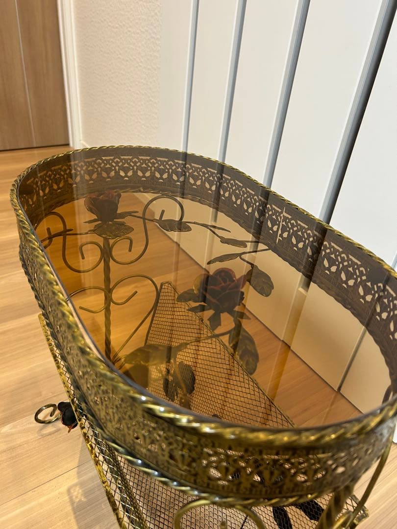 【値引き中】ガラス天板サイドテーブル アンティーク調マガジンラック 送料無料