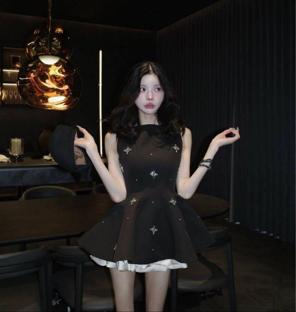 新品タグ付 ダーリッチ ビジューフレアバルーンミニドレス フリー ブラック