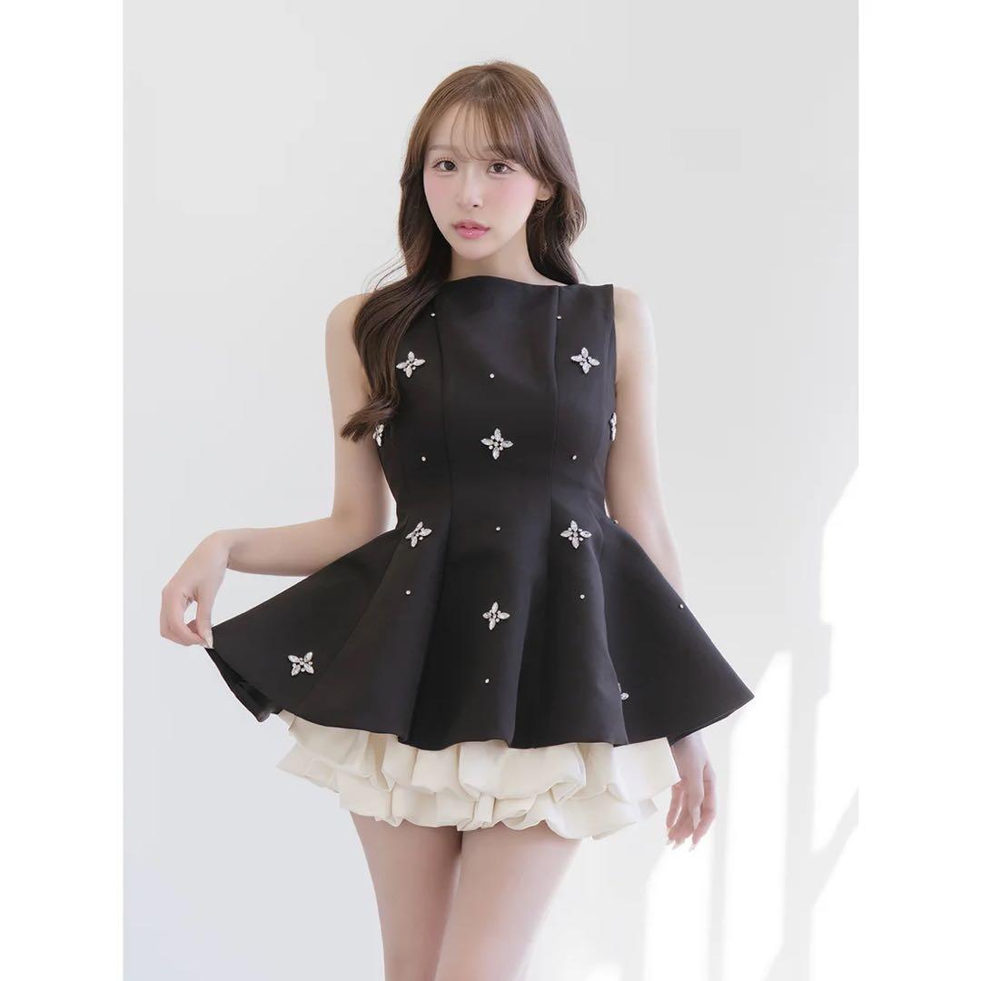 新品タグ付 ダーリッチ ビジューフレアバルーンミニドレス フリー ブラック