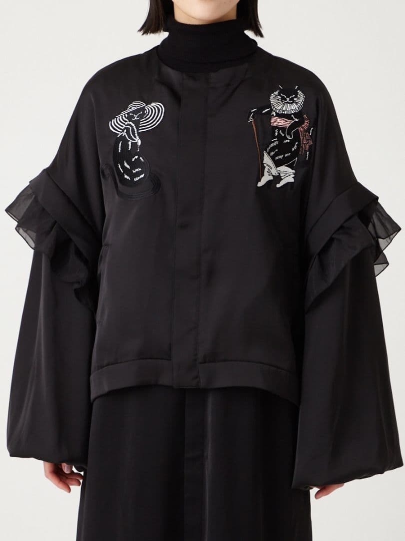 【美品】ふりふ Theatre 刺繍スカジャン ブラック 黒 猫 ねこ