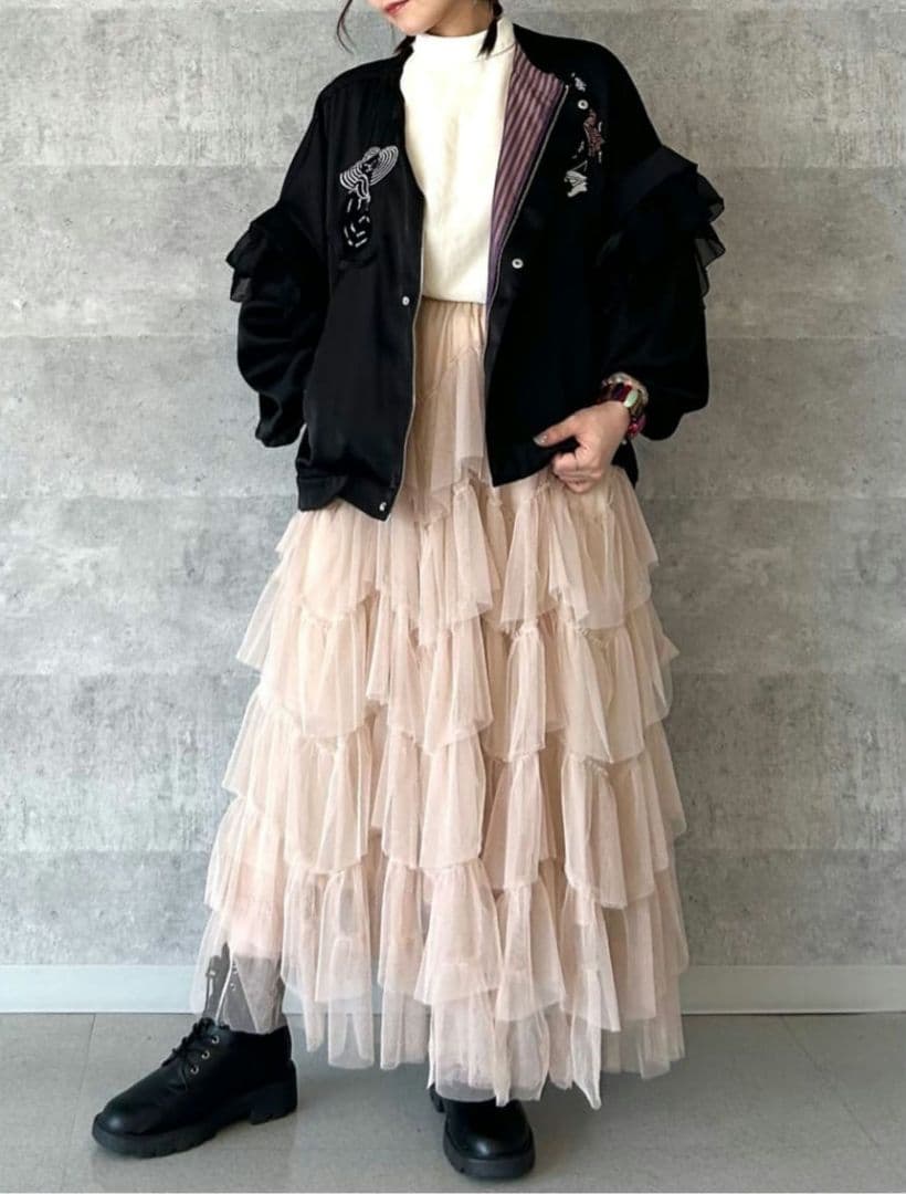 【美品】ふりふ Theatre 刺繍スカジャン ブラック 黒 猫 ねこ