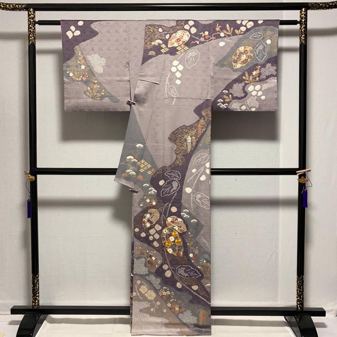 D169 訪問着　絞り　金駒刺繍　葉っぱ　正絹　着物　袷　極美品