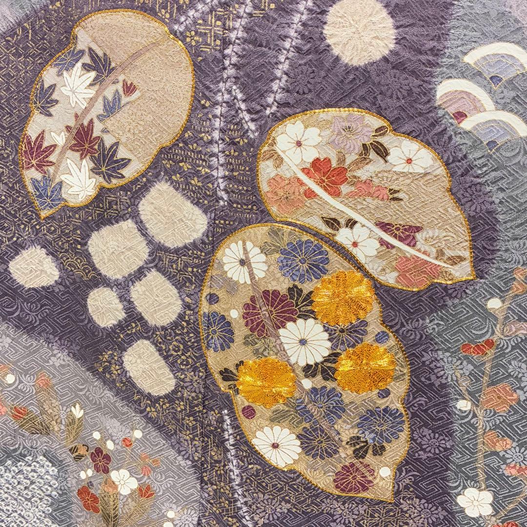 D169 訪問着　絞り　金駒刺繍　葉っぱ　正絹　着物　袷　極美品