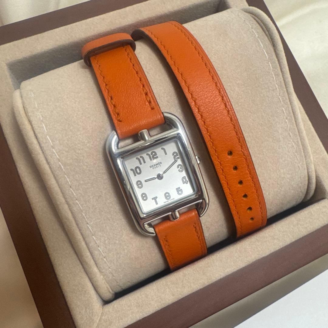 【G4】HERMES オレンジレザー スクエア時計