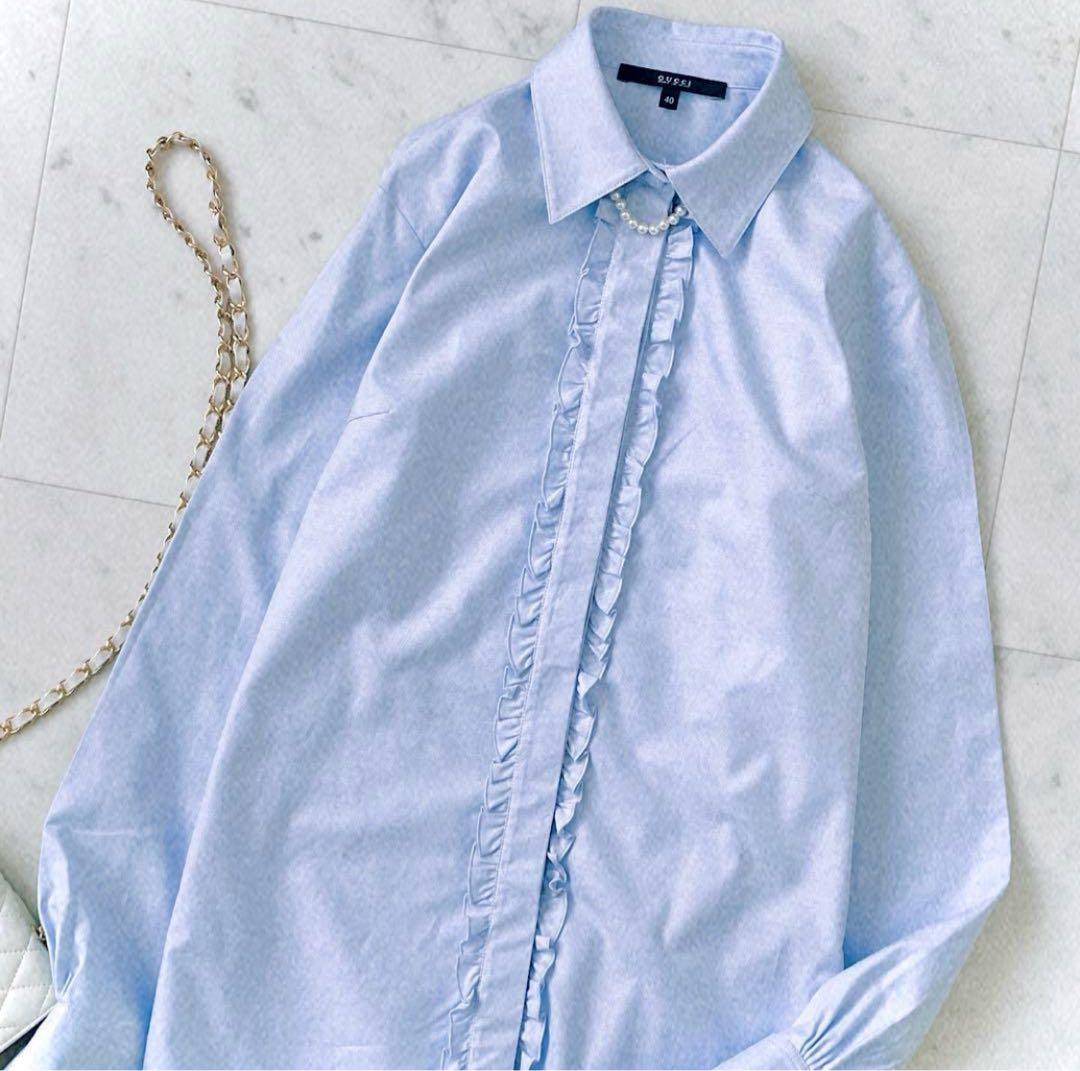 極美品 グッチ GUCCI フロントフリル 比翼仕立て コットンブラウス 長袖