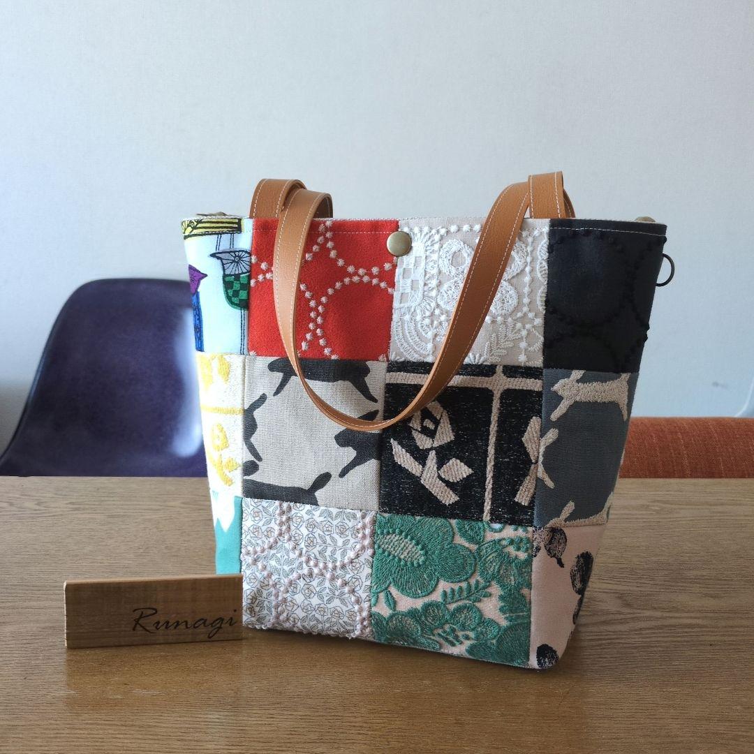 【1574】パッチワークのあおりポケット巾着バッグ＊ミナペルホネン