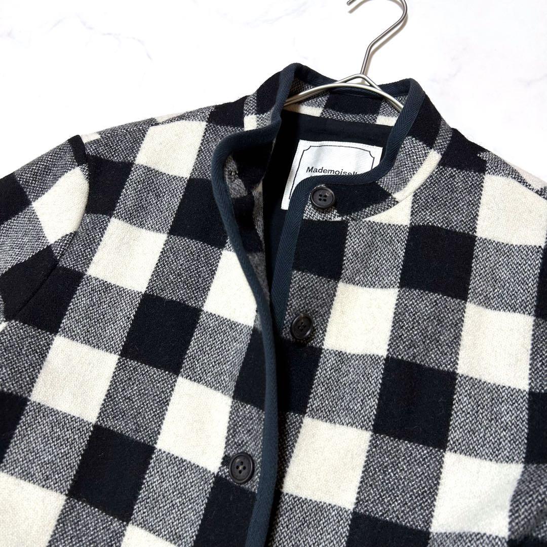 マドモアゼルノンノン ウールチェック ノーカラージャケット ウールコート日本製