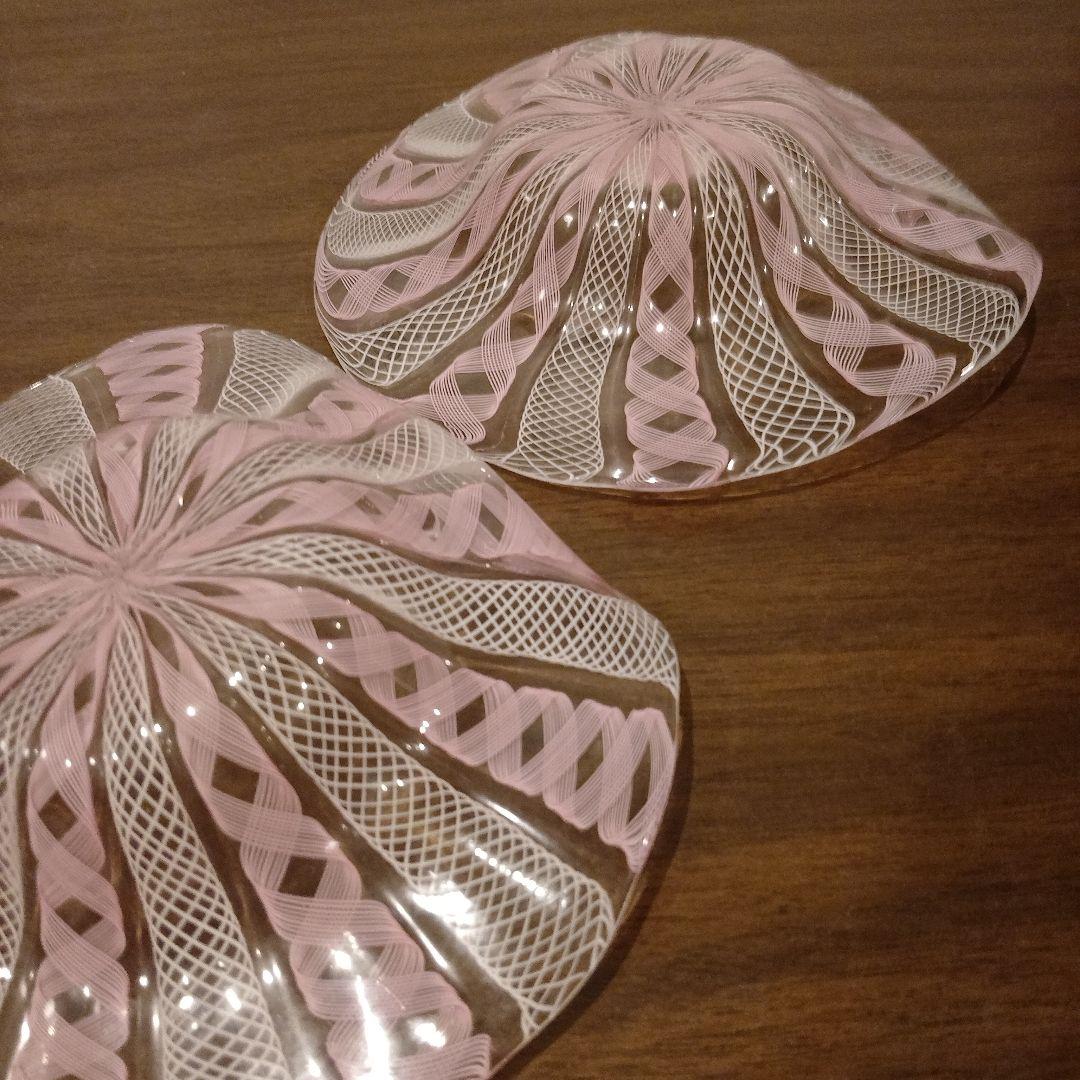 ベネチアンガラス　ムラノ　MURANO　変形皿　2枚　ピンク　レース　インテリア