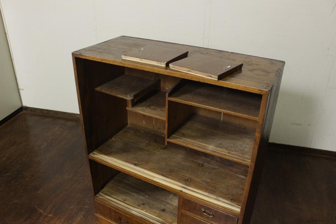 昭和レトロ 古い木製茶箪笥 モールガラス 戸棚 食器棚 古家具 欅 古材