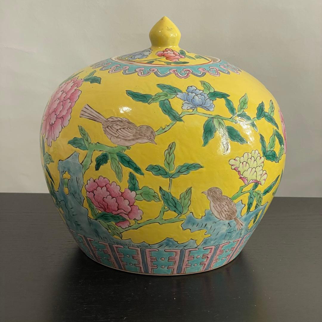 中国 西瓜罐 花と鳥の模様 蓋付き容器 花瓶 粉彩