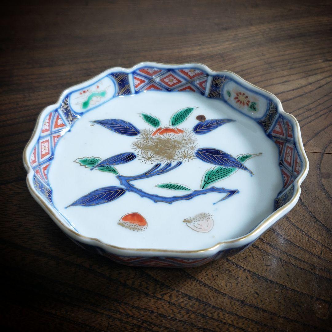 小皿　大聖寺伊万里　染錦　栗絵　明治　古伊万里　輪花
