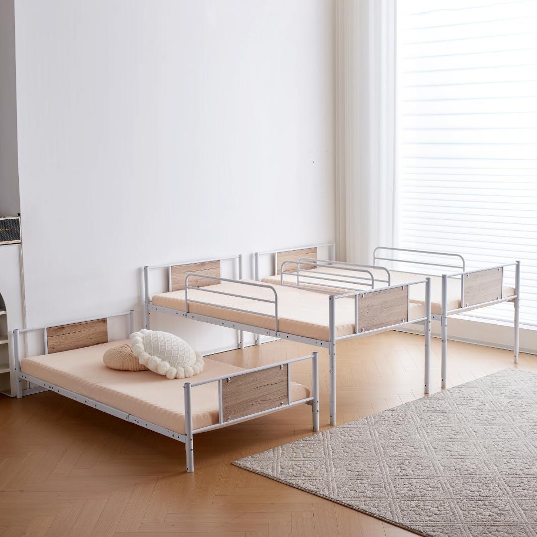 【ホワイト】三段ベッド パイプベッド分離可能スチールベッド　子供部屋スチール耐震