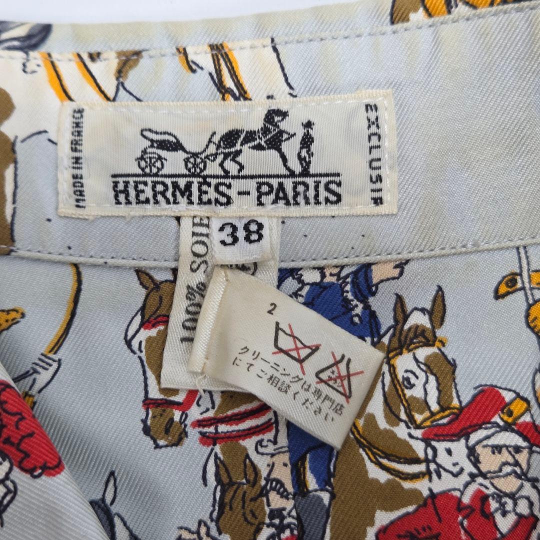HERMES エルメス シルクシャツ 38 馬柄 サーカス 動物 ブルー系 長袖