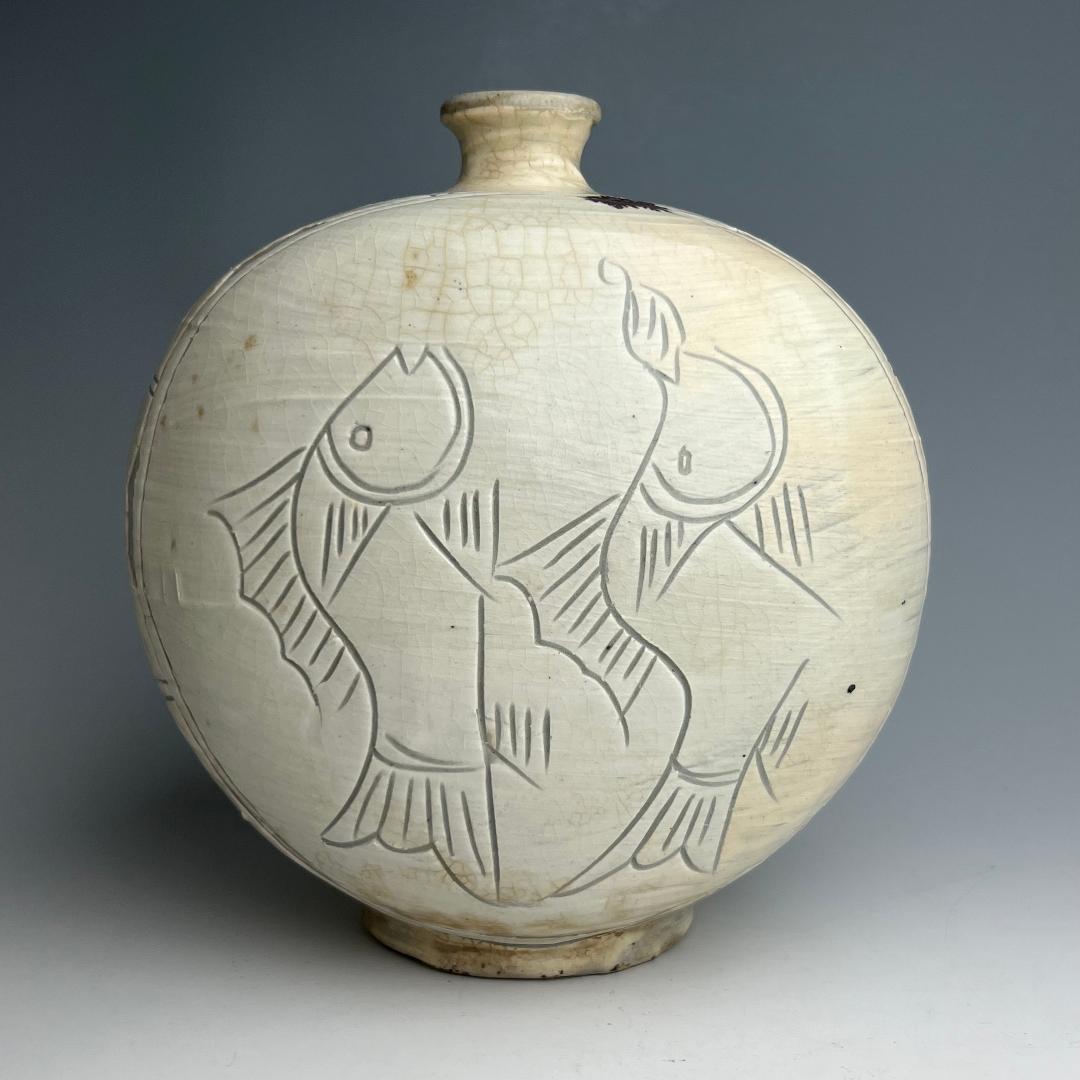 高麗三島刷毛目象嵌魚紋扁壺 李朝高麗コレクター放出品陶磁古玩朝鮮美術A1-48