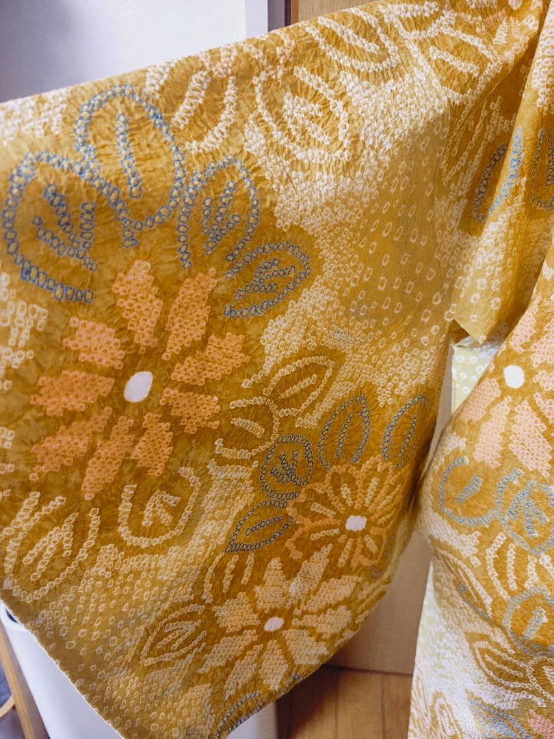 総絞り 花柄 浴衣 黄色系