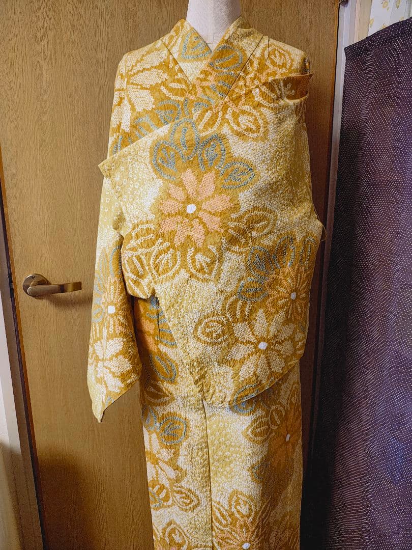 総絞り 花柄 浴衣 黄色系