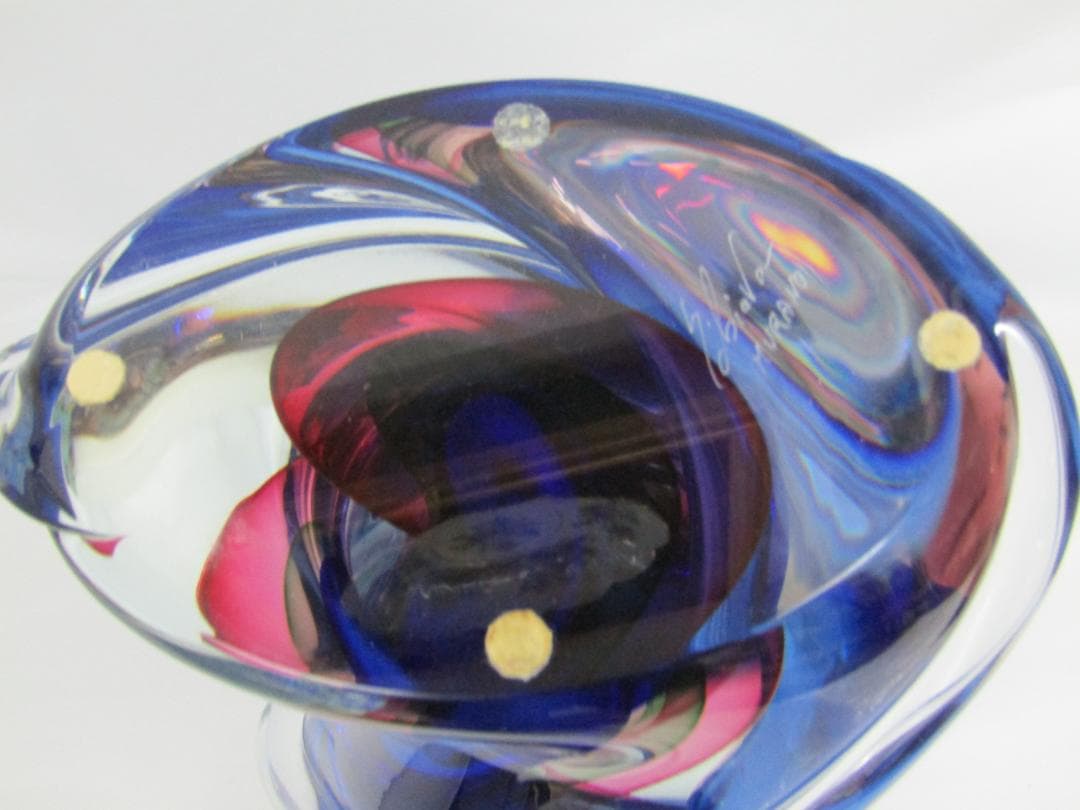 ムラーノ　クリスタルガラス　青いツイストデザインのガラス花瓶　作家物　希少品