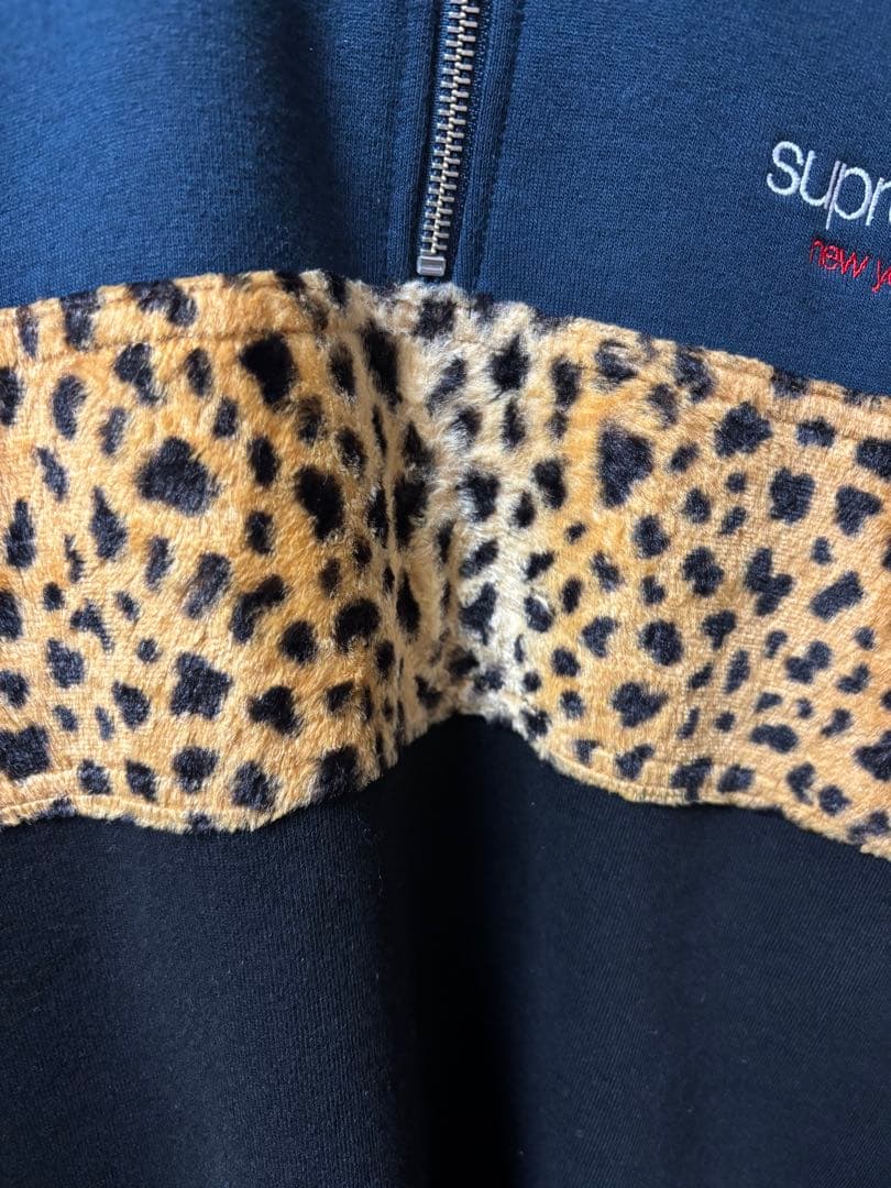 Supreme レオパード切替 ハーフジップ スウェット M ネイビー