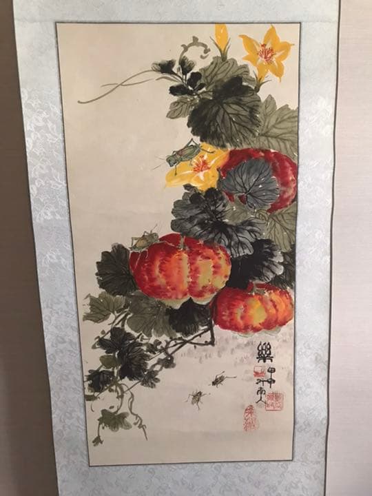 掛け軸　南瓜(かぼちゃ) 蟋蟀(こおろぎ)絵