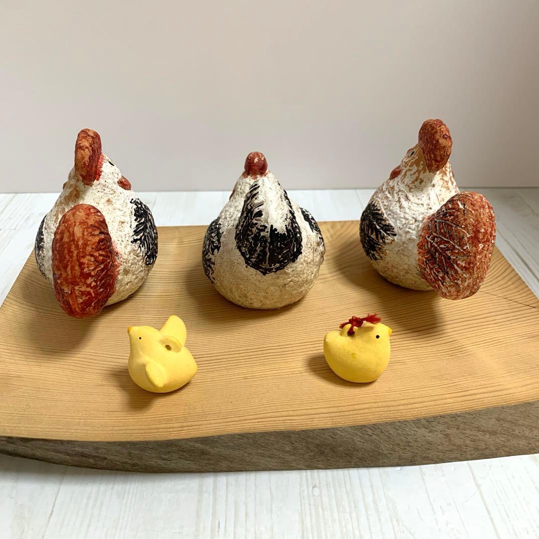 D☆ レトロ　鶏　ひよこ　にわとり　親子　焼き物　土鈴　置物