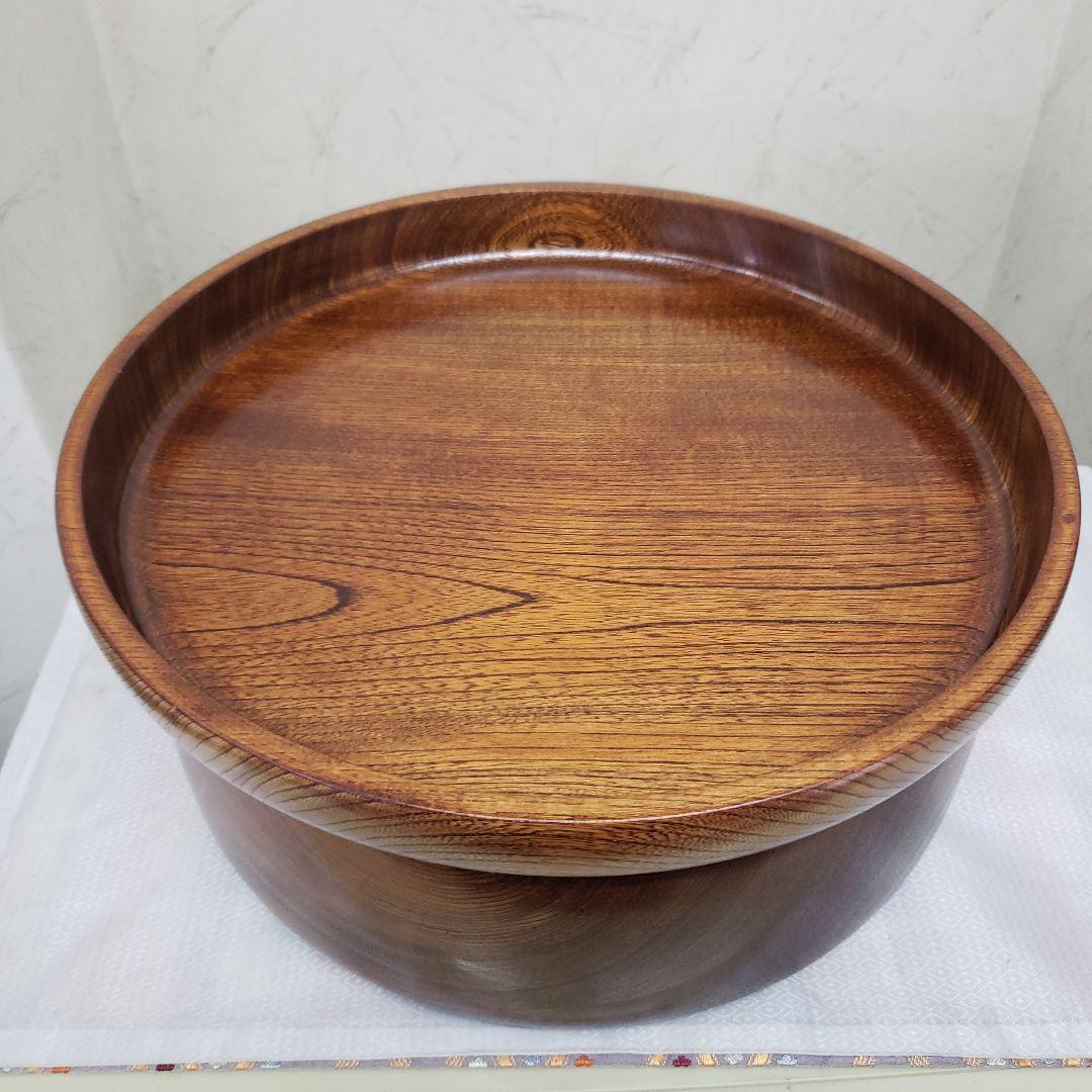 蔵出し特価欅製 無垢茶びつ茶箱 円形 蓋(お盆)付き直径３３cm 高さ１３cm