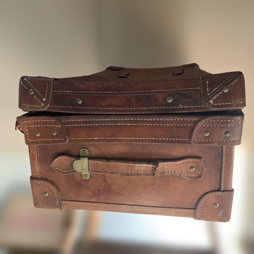 アンティークレザー本革トランク重厚収納ケースヴィンテージオブジェ昭和レトロ