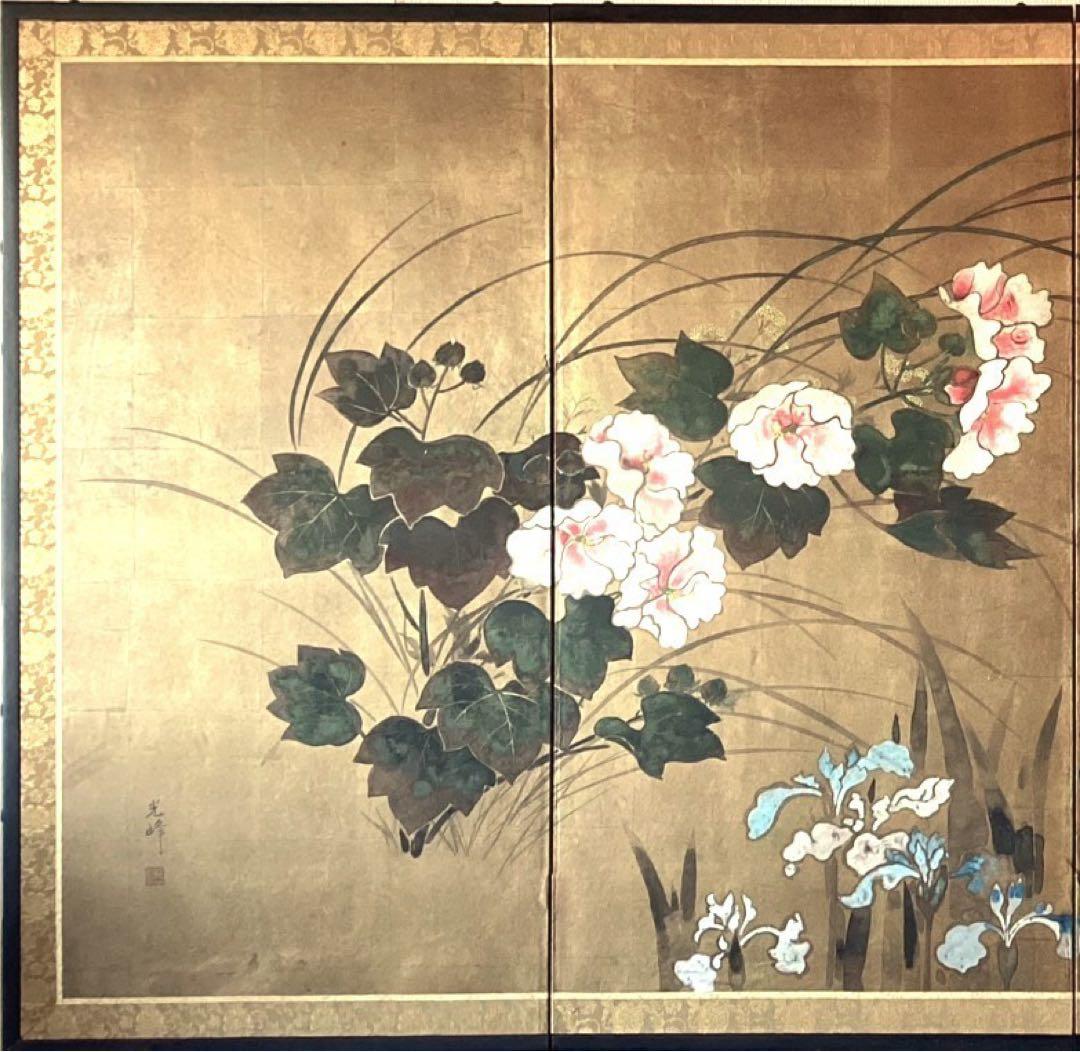 四つ折り屏風　日本画　金箔彩色　『牡丹に梅』