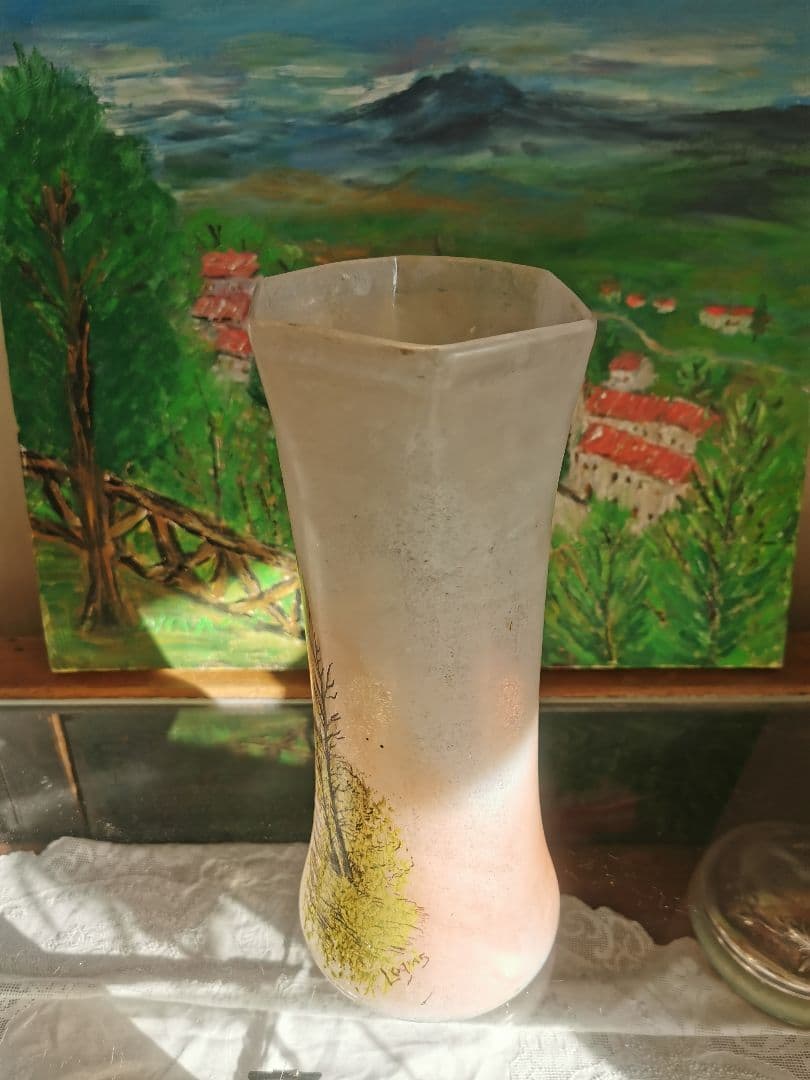 アンティーク ルグラ 橋上の母娘 ≒29㎝大型ガラス花瓶 アールヌーヴォー手描