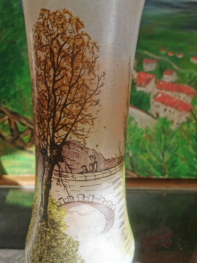 アンティーク ルグラ 橋上の母娘 ≒29㎝大型ガラス花瓶 アールヌーヴォー手描