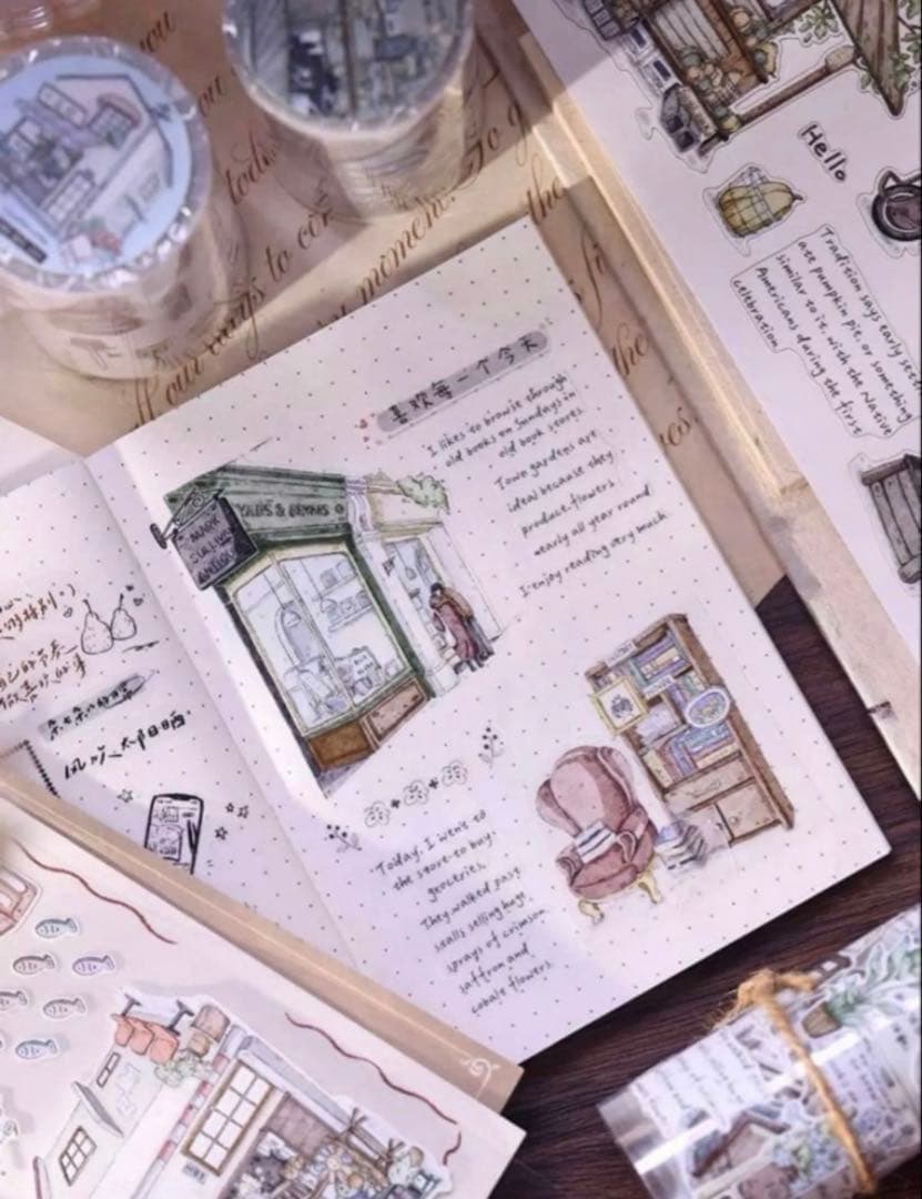 PET 起毛フィルム 小店街 ダイカット 7.5cm×6m 海外マスキングテープ