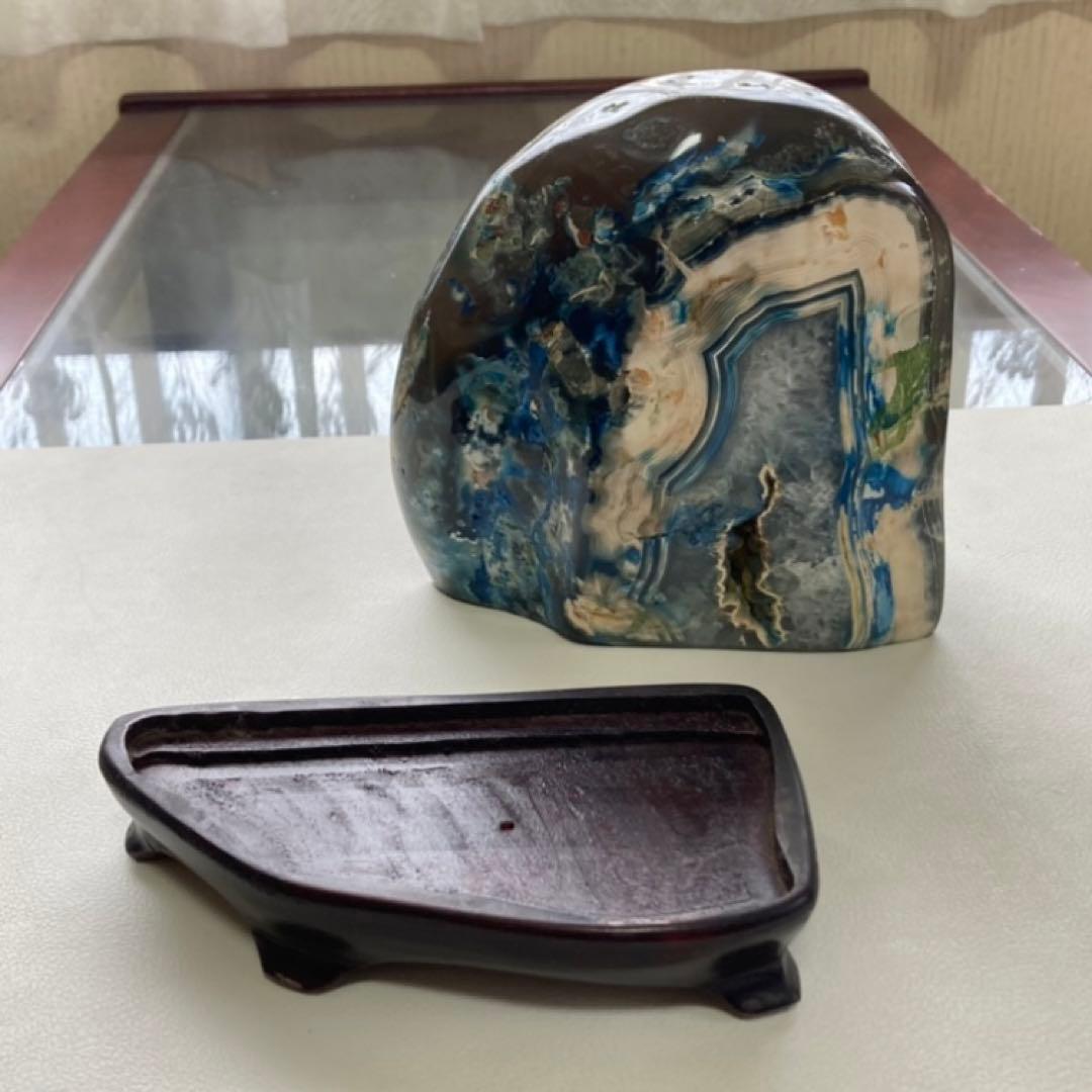 瑪瑙 メノウ 鑑賞石 飾り石 置物 オブジェ 木製 台座付き 青 ブルー レトロ