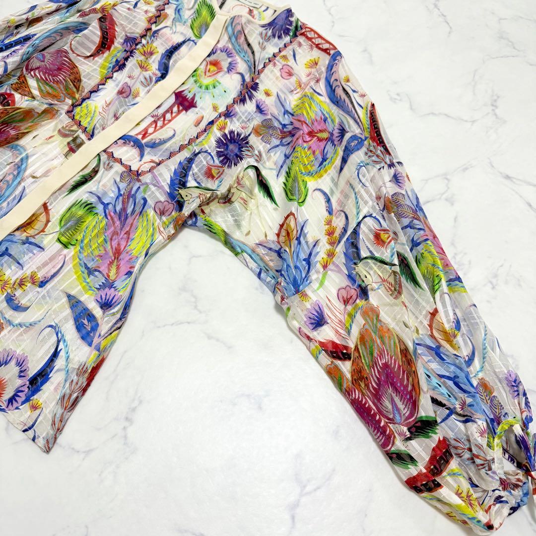 未使用級✨エトロ✨シルク　ボタニカル柄シアーブラウス（M）ビーズ　馬　お袖リボン