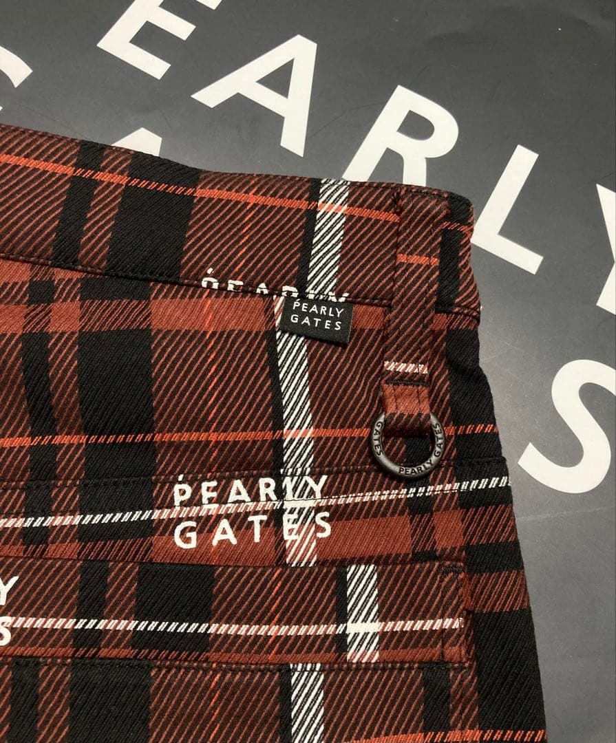 新品 パーリーゲイツ コットンストレッチカルゼチェックパンツ(5)サイズL/茶